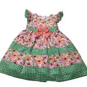 Bonnie Jean Girls Floral Gingham Tiered Dress Green Pink Bow 4T